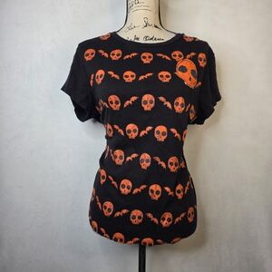 Y2k Halloween Punk Rock Skulls And Bats Grunge‎ Womans Tshirt Sz Xl
